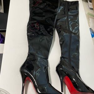 Thigh high patent leather pleaser heeled boots